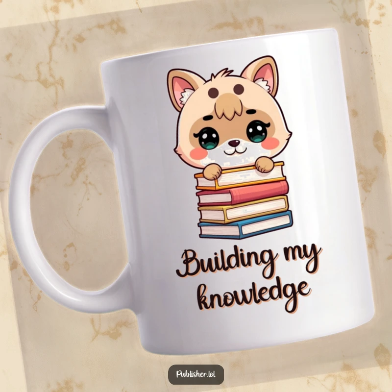 Funny mug featuring a cute animal determinedly stacking books with precision, symbolizing a love for reading and knowledge.