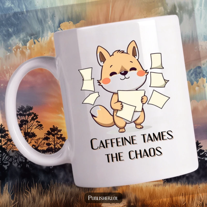 Funny mug with a determined animal character expertly managing several flapping papers, symbolizing intense focus and multitasking.