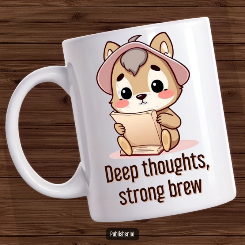 Funny mug with a curious animal character thoughtfully considering a large manuscript, symbolizing deep thought and scholarly pursuit.