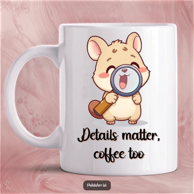 Funny mug featuring an animal character intensely examining something with a magnifying glass, conveying curiosity, a perfect funny gift.