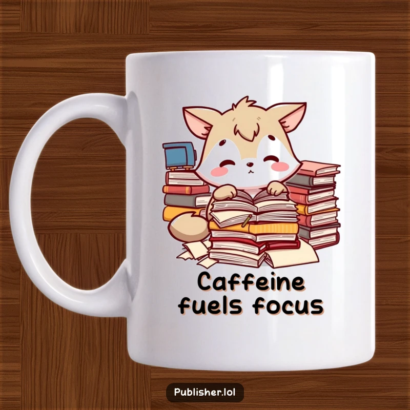 Funny mug featuring an animal character intently sorting through a pile of manuscripts, conveying focus and dedication, a perfect funny gift.