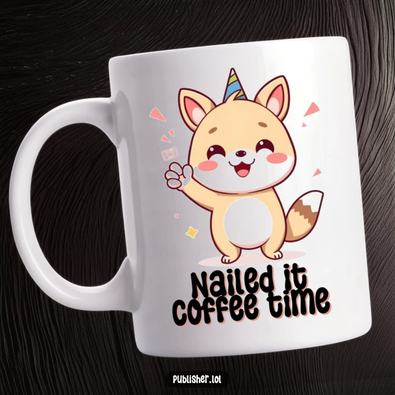 Funny mug featuring a cheerful animal character giving a celebratory stamp of approval with a flourish, conveying joy and success.