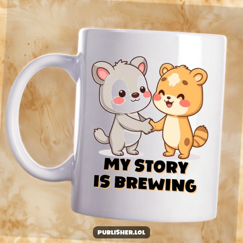 Funny mug with an animal character shaking hands with an unseen author, celebrating literary collaboration, a great gift.