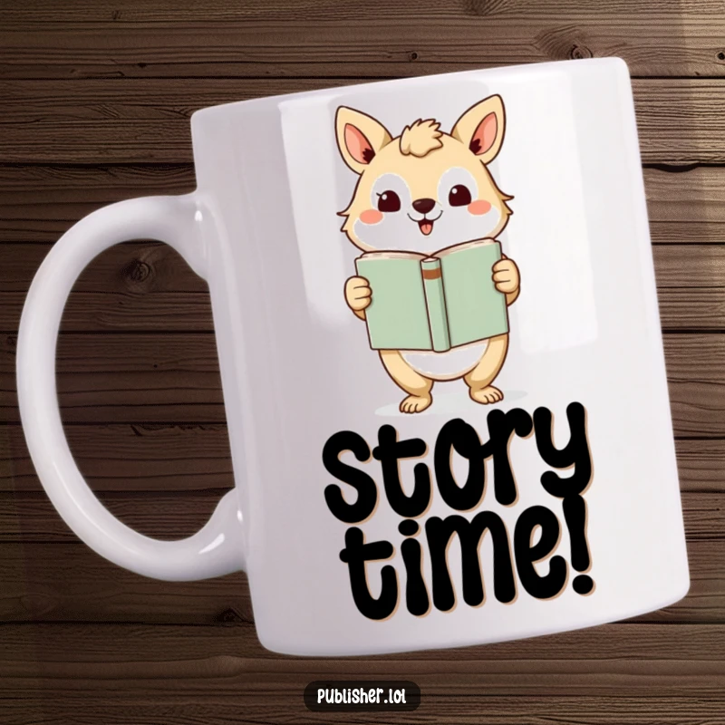 Funny Mug: Joyful animal character dramatically presents a finished book with a grand gesture, symbolizing literary achievement and storytelling.