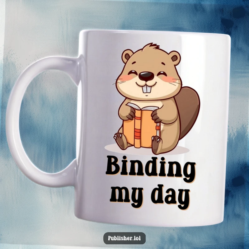Funny mug with a helpful beaver character enthusiastically binding a book with a satisfied nod, perfect for bookbinders and creators.