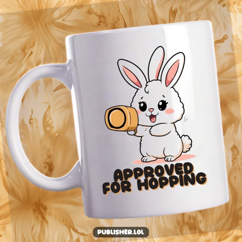Funny mug showcasing an enthusiastic fluffy bunny character energetically stamping a gigantic rubber stamp, symbolizing productivity and joy.