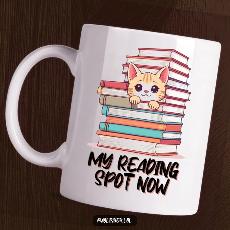 Funny cat peeking from behind a giant stack of books on a mug, conveying curiosity and a love for reading.