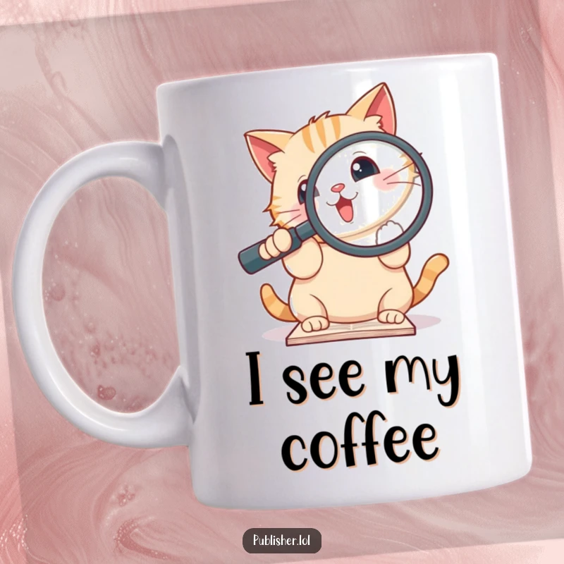 Funny cat mug with a cute expression, enthusiastically holding a giant magnifying glass over a document, showing intense focus.