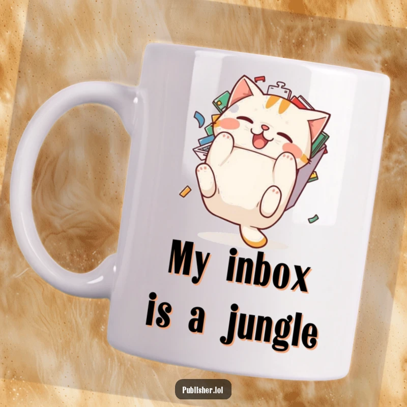 Funny cat mug: a pudgy cat character comically tumbles backward from an overflowing email inbox, symbolizing work stress.