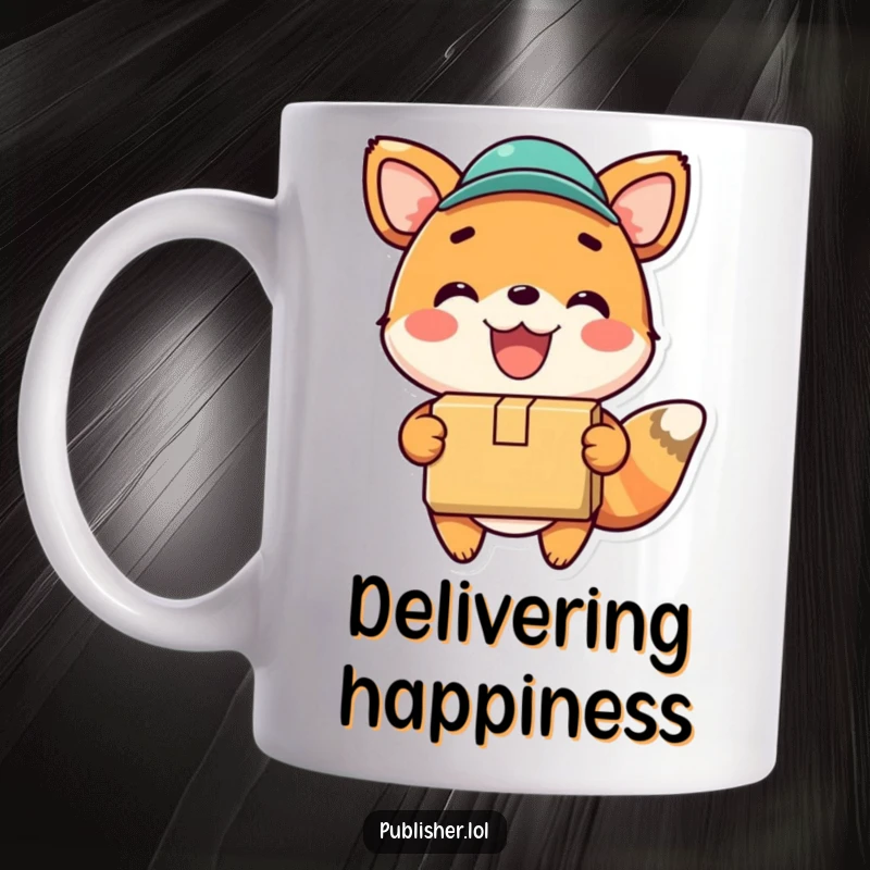 Funny mug featuring a happy animal gleefully delivering a package with a wide smile, symbolizing joy and successful deliveries.