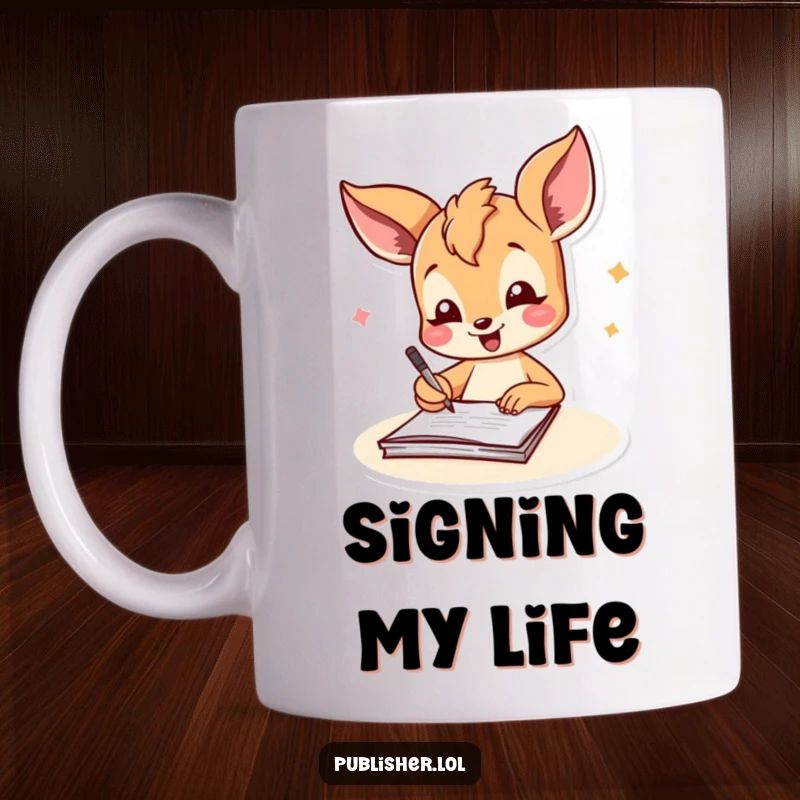 Funny fawn mug depicting a joyful character signing a document with a cheerful flourish, symbolizing happy achievements and celebration.