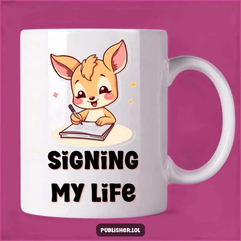 Funny Fawn Signing Document Mug: Celebrate Achievements with Joyful Humor
