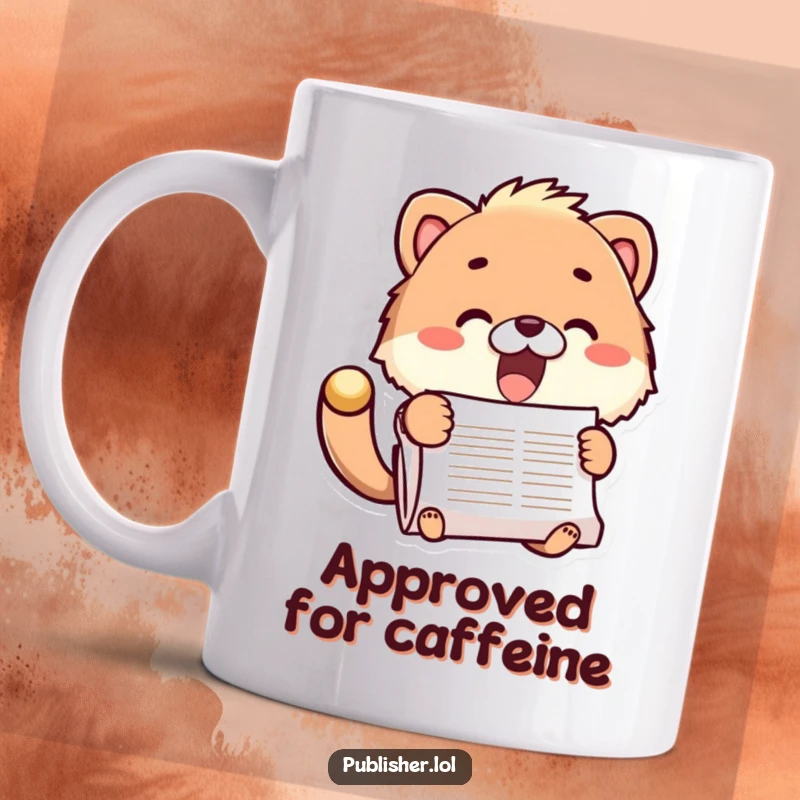 Funny mug with a fuzzy animal character energetically stamping a large document, conveying productivity and joy, a perfect funny gift.