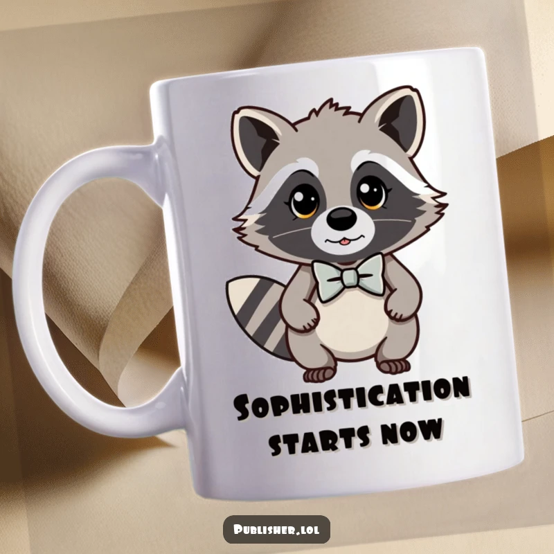 Funny kawaii raccoon mug wearing a dapper bow tie and exuding an air of self-importance, perfect for adding charm and humor.