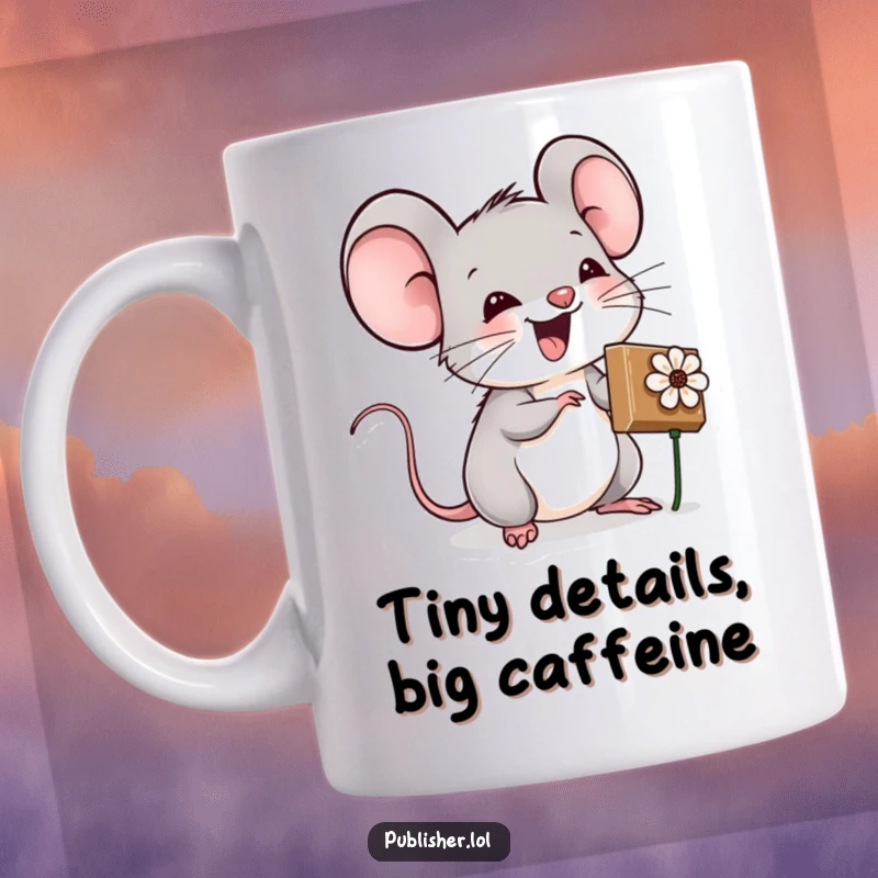 Funny mug featuring an excited mouse character using a tiny flower stamp, bringing joy and creativity to every sip.