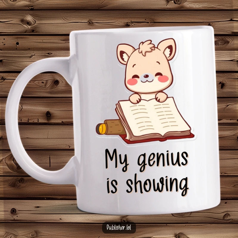 Funny mug with a bouncing animal character enthusiastically nodding in approval at a manuscript, signifying literary success and humor.