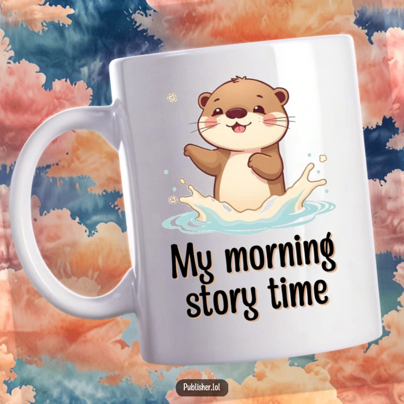 Funny Otter Mug: A joyful otter character playfully splashes a new book cover with pure delight.