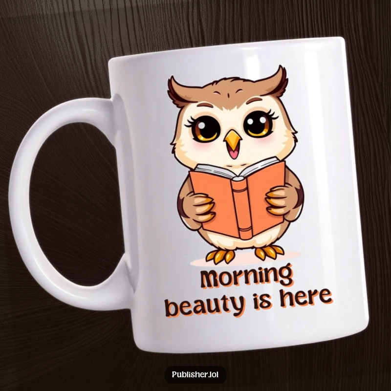 Funny cheerful owl character enthusiastically reviewing a book cover design on a mug, celebrating creative book design.