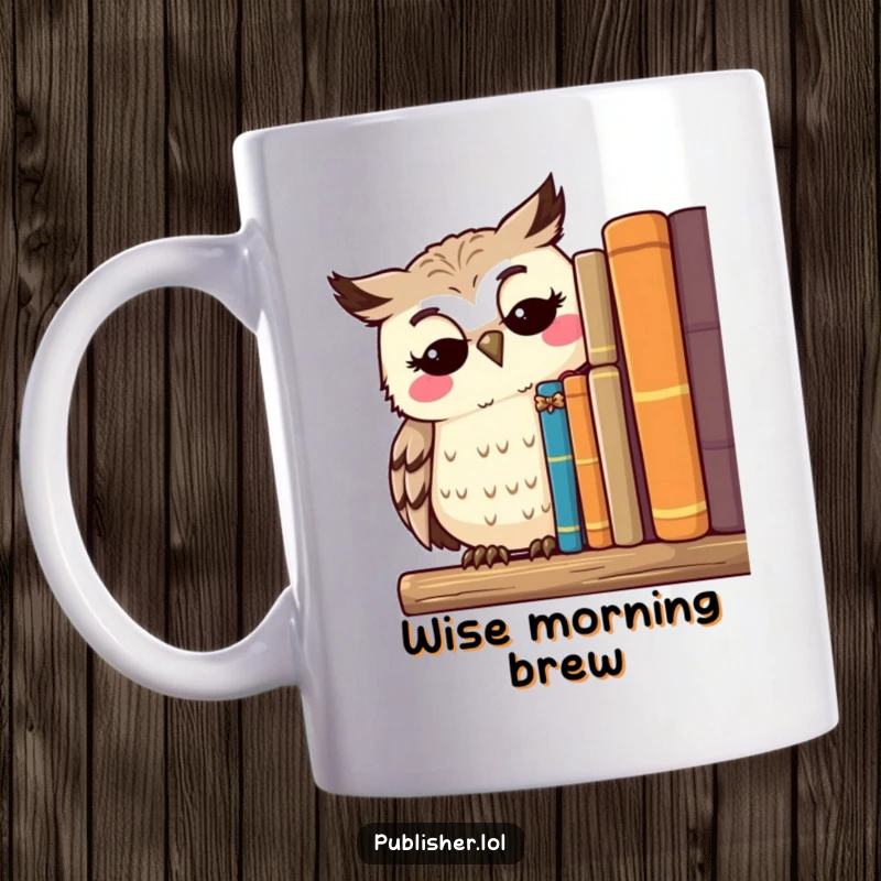 Funny mug with a thoughtful owl character surveying a shelf of published works with a serene smile, perfect for scholars and readers.