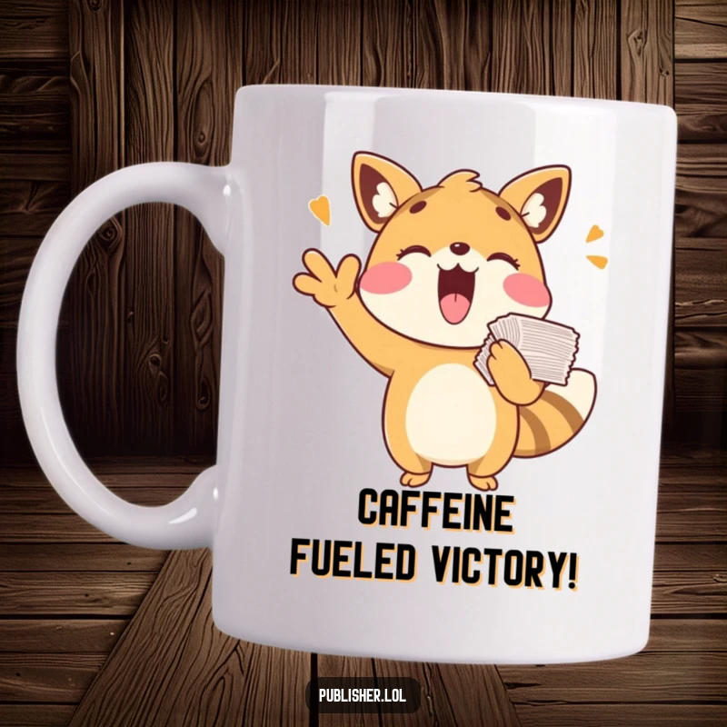 Funny mug featuring a playful animal character cheering happily while holding a stack of papers, conveying excitement, a perfect funny gift.