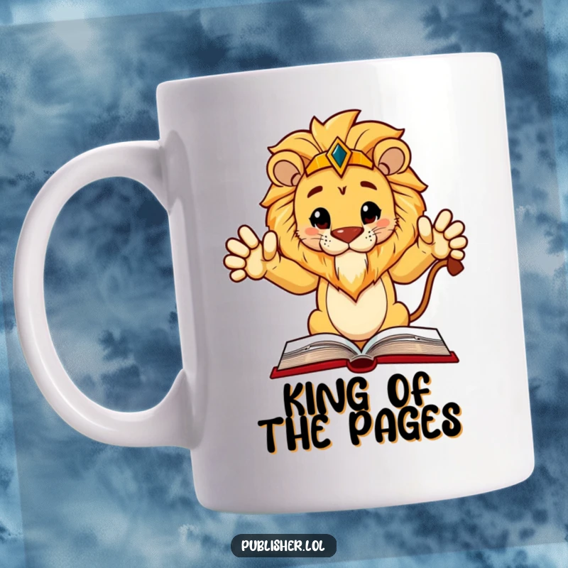 Funny Mug: Regal lion character gestures authoritatively at a book layout, embodying leadership and literary knowledge.