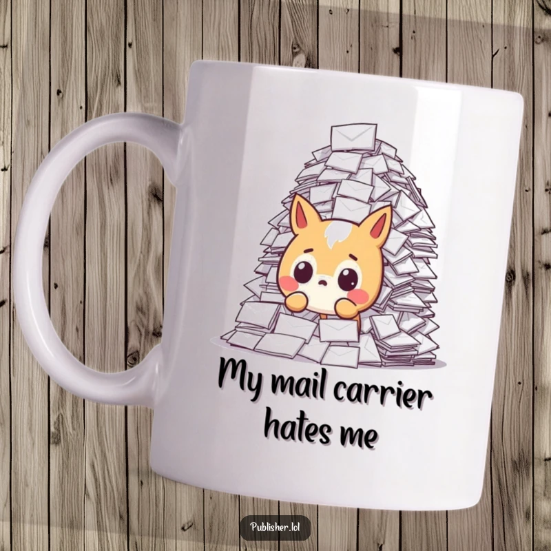 Funny mug featuring a surprised animal character overwhelmed by a massive pile of letters and packages, conveying mail anxiety humorously.