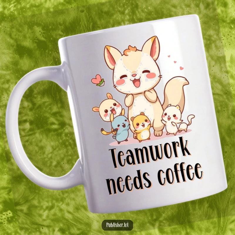 Funny mug with a whimsical animal character energetically collaborating with tiny creatures, symbolizing joyful teamwork and community.