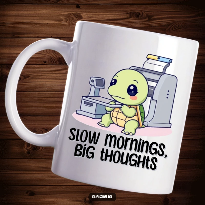 Funny Mug featuring a thoughtful turtle gazing intently at a printing press machine, symbolizing wisdom and slow, deliberate progress humorously.