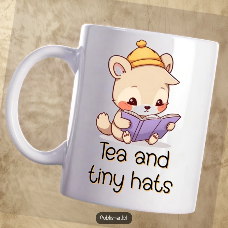Funny mug featuring a whimsical animal character wearing a tiny hat, intensely inspecting a page with a magnifying glass.