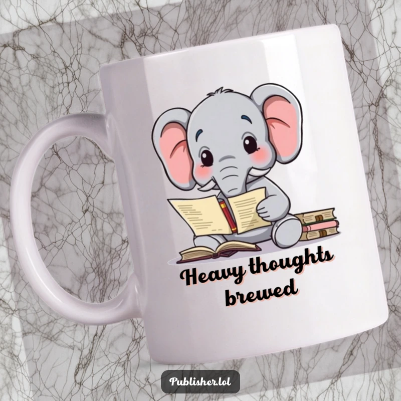 Funny mug featuring a wise elephant character carefully contemplating a complex publishing contract, representing literary negotiations.