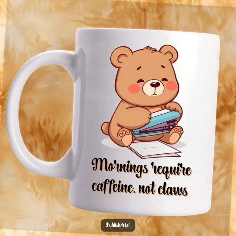 Funny Mug featuring a clumsy bear hilariously attempting to staple papers with its own paw, highlighting office struggles with humor.