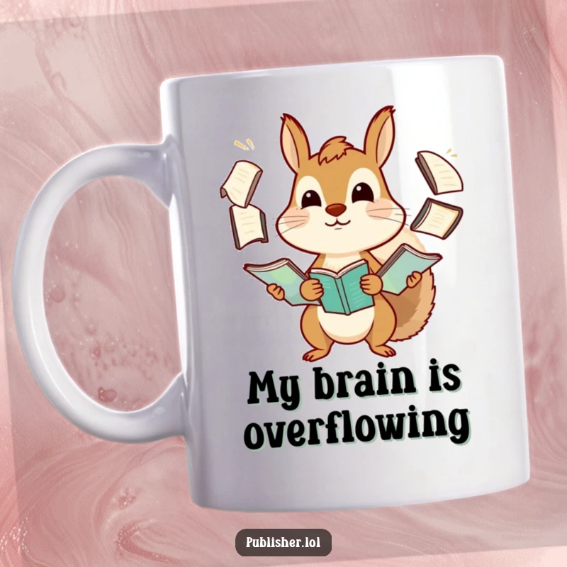 Funny squirrel mug heroically juggling stacks of manuscripts with a determined, slightly panicked expression, symbolizing academic stress and humor.