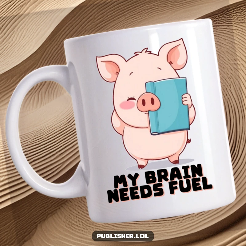 Funny mug with a plump, proud pig character holding up a newly printed book, celebrating author achievement.