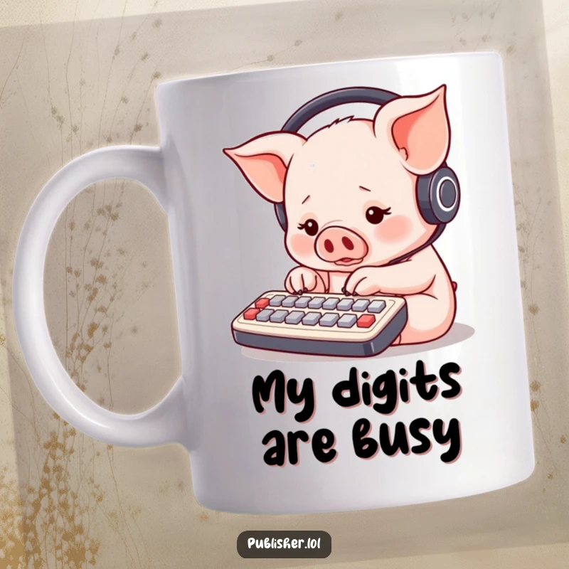 Funny piglet wearing headphones, intensely typing on a miniature keyboard with all its paws, mug design for ultimate desk humor.