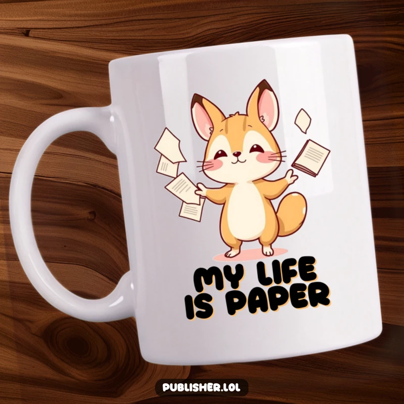 Funny mug with a tiny animal artistically juggling a stack of papers with impressive skill and a happy expression.