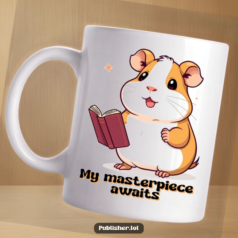 Funny guinea pig proudly presenting a finished novel with a flourish on a mug, celebrating authorship and creativity.
