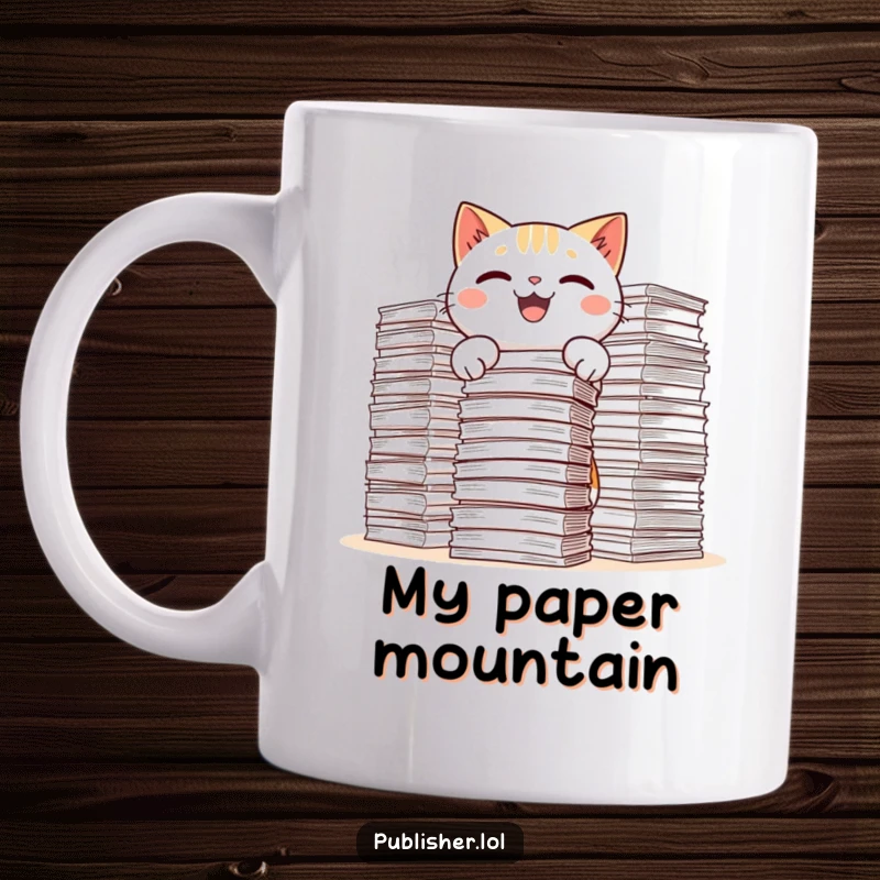 Funny Kawaii Cat Mug illustration of a cat gleefully stacking massive paper piles, conveying a cheerful yet overwhelming work vibe.