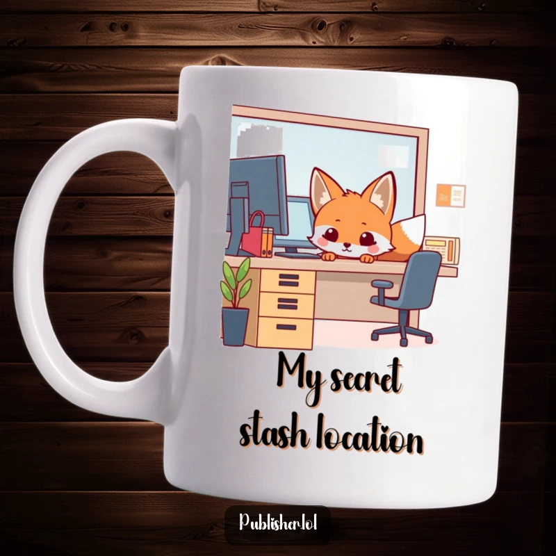 Funny Office Mug featuring a curious fox peeking mischievously from behind a busy desk, embodying cunning and wit in a humorous office setting.