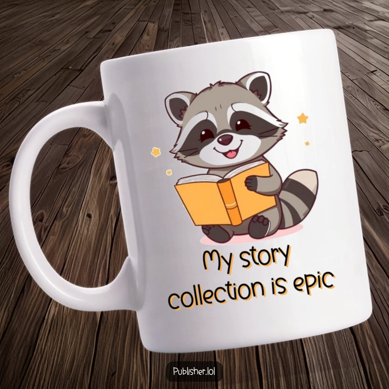 Funny mug with a happy raccoon artistically binding a stack of books, showcasing its love for reading and crafts, a delightful gift.