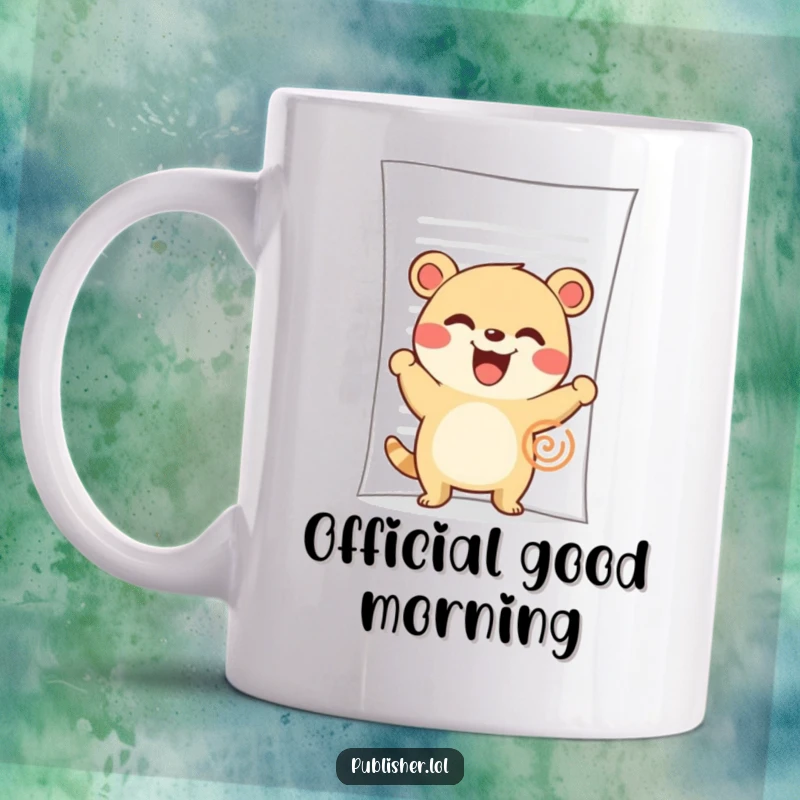 Funny Mug: A cute animal character happily stamps a large document with a wide, enthusiastic grin.