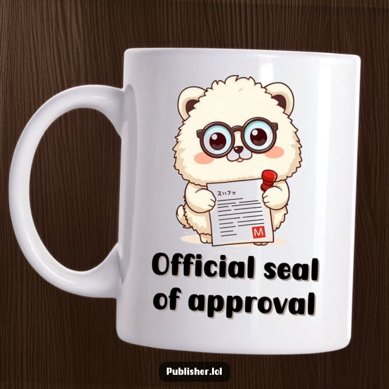 Funny mug featuring a fluffy animal in a monocle, stamping a document with approval, symbolizing meticulousness and class.
