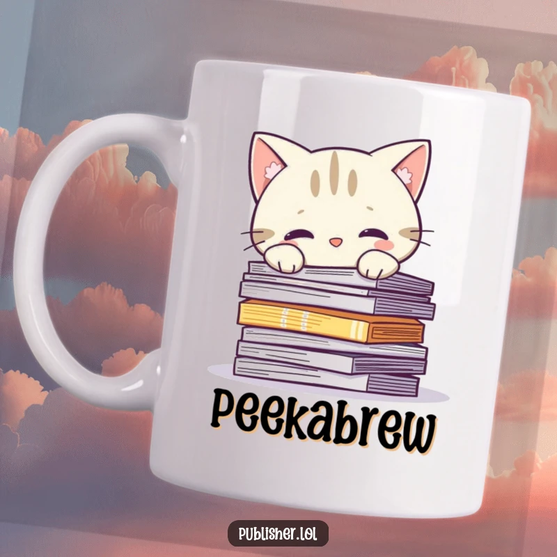 Funny Mug: Curious cat character peeks playfully over a stack of printed pages, ideal for readers and cat lovers.