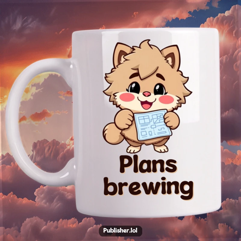 Funny Blueprint Enthusiast Mug with a cheerful, grinning furry character pointing excitedly at a detailed blueprint, inspiring innovation.