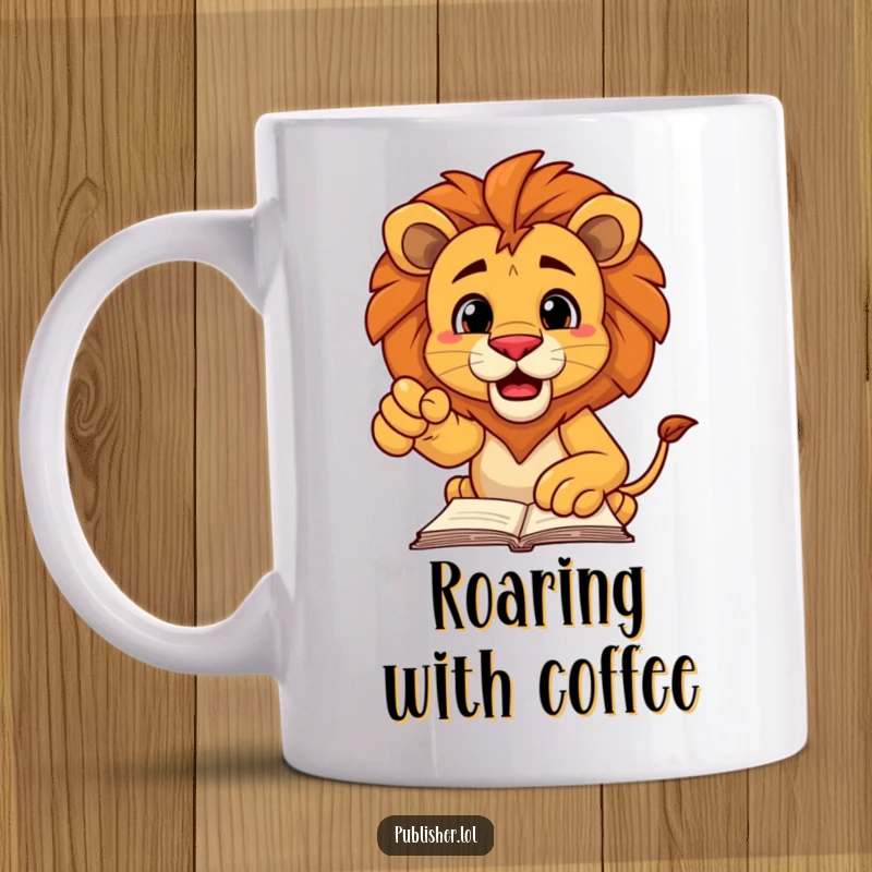 Funny lion mug featuring a decisive lion character pointing authoritatively at a manuscript, exuding pride and a commanding presence.