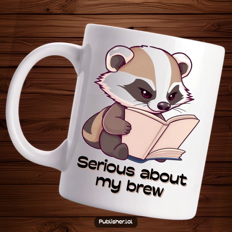 Funny Badger Mug: A diligent badger character inspects book pages with a determined, focused squint.