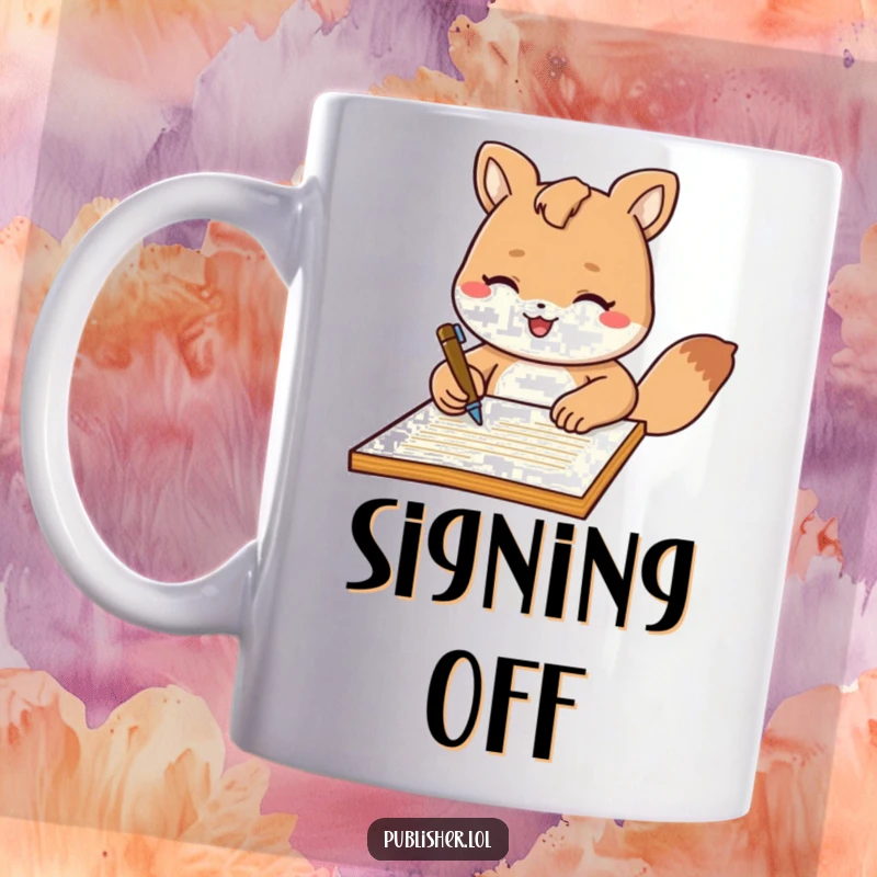 Funny Mug: Cheerful animal character confidently signs a document with a flourish, symbolizing official business and a fun-loving attitude.