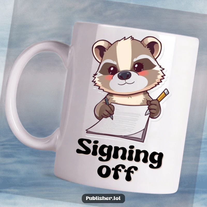 Funny determined badger signing a document with a big flourish, exuding professionalism and humor in a business setting.