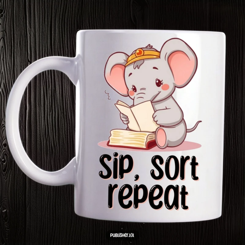 Funny elephant mug featuring a busy elephant character happily sorting through stacks of manuscripts with its trunk, conveying organized relief.