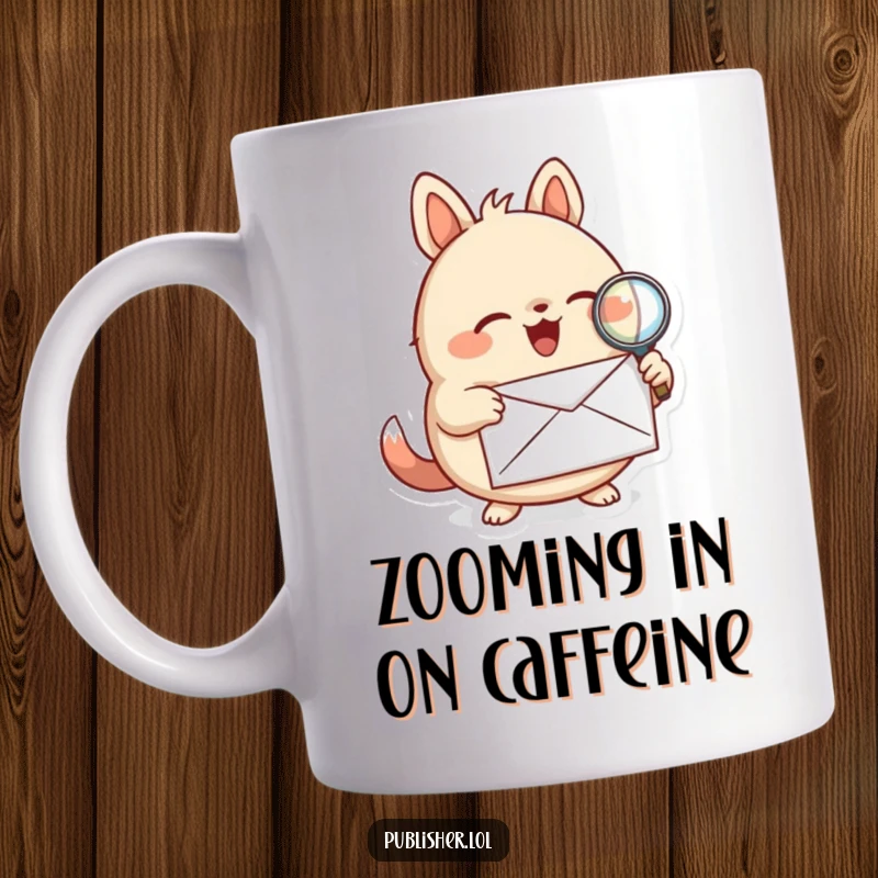 Funny mug with a round animal character joyfully inspecting a letter with a magnifying glass, embodying curiosity and detective work.