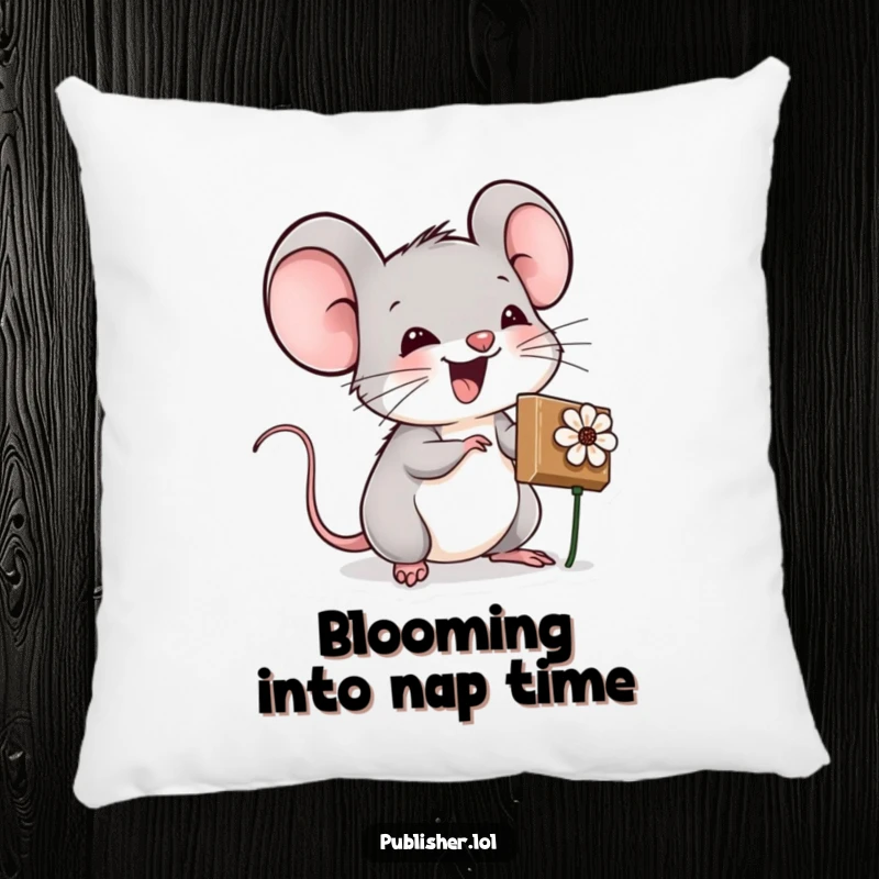 Funny pillow adorned with an excited mouse character stamping a flower, adding comfort and a touch of crafting charm.